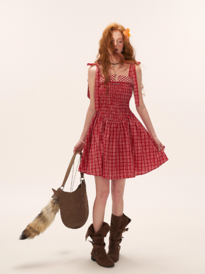 French Bow Tie Strap Smocked Dress WE852 (Red Plaid)