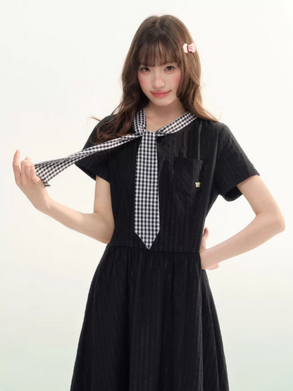 "Summer Ribbon Letter" Tie-Neck Preppy Dress LL2026016