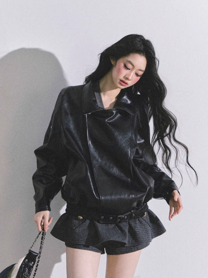 少也眼 Cool Girl American Biker PU Leather Jacket