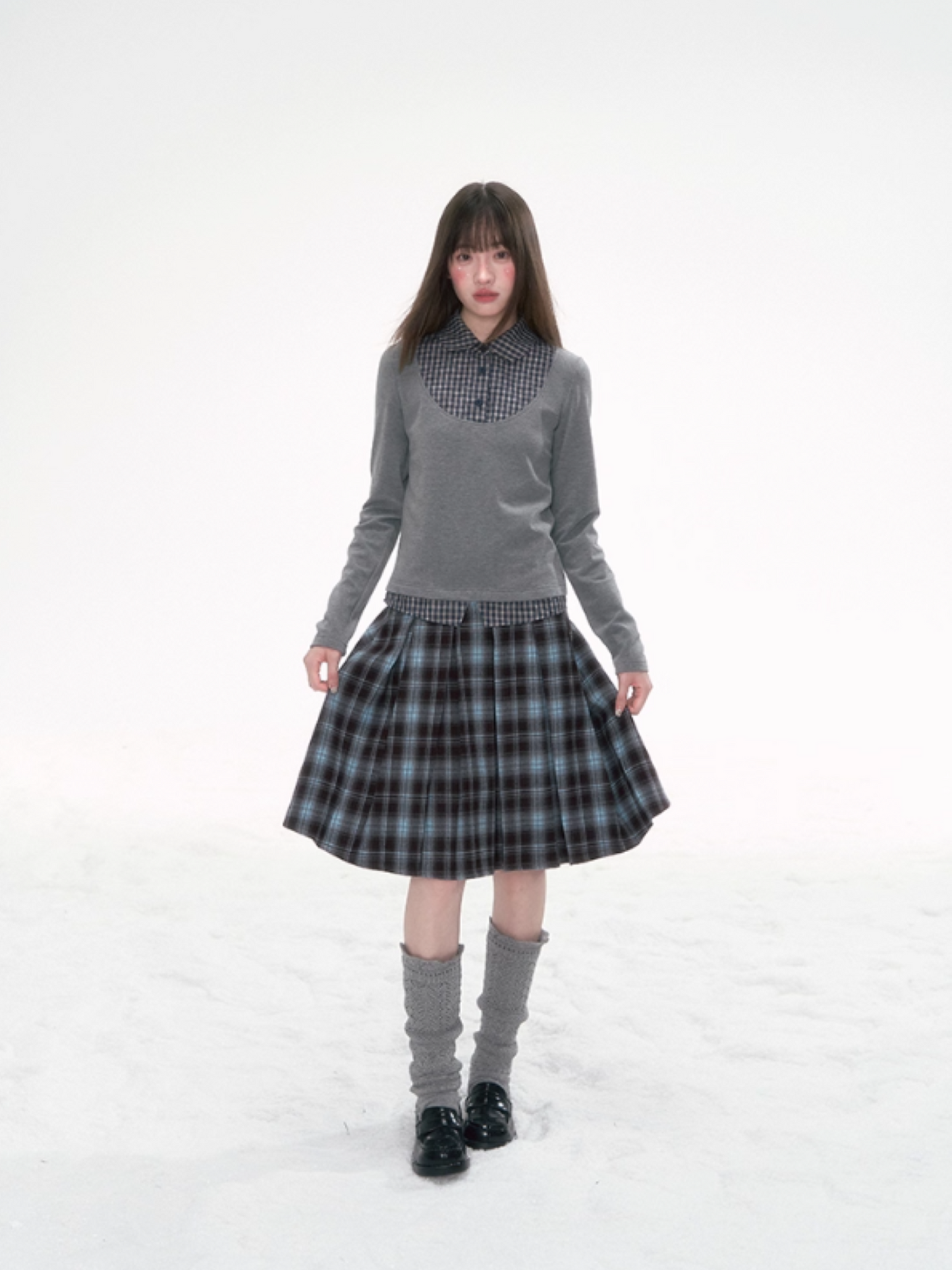 '格间絮语' Vintage Plaid Patchwork Knit Top – Brown/Yellow & Gray/Blue