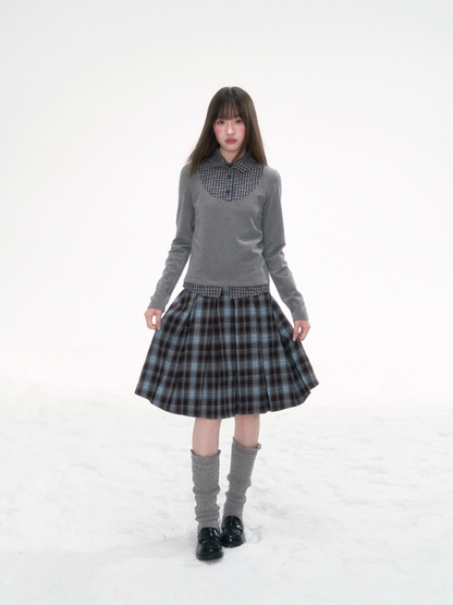 '格间絮语' Vintage Plaid Patchwork Knit Top – Brown/Yellow & Gray/Blue