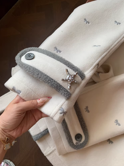 阮阮自制 - "Fog Whisper" Bow Embroidered Wool-Blend Padded Coat