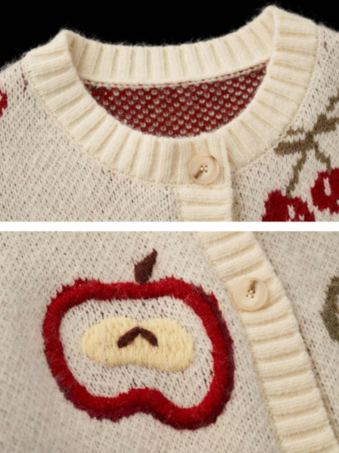 White Knit Cardigan with Apple & Cherry Embroidery WE751