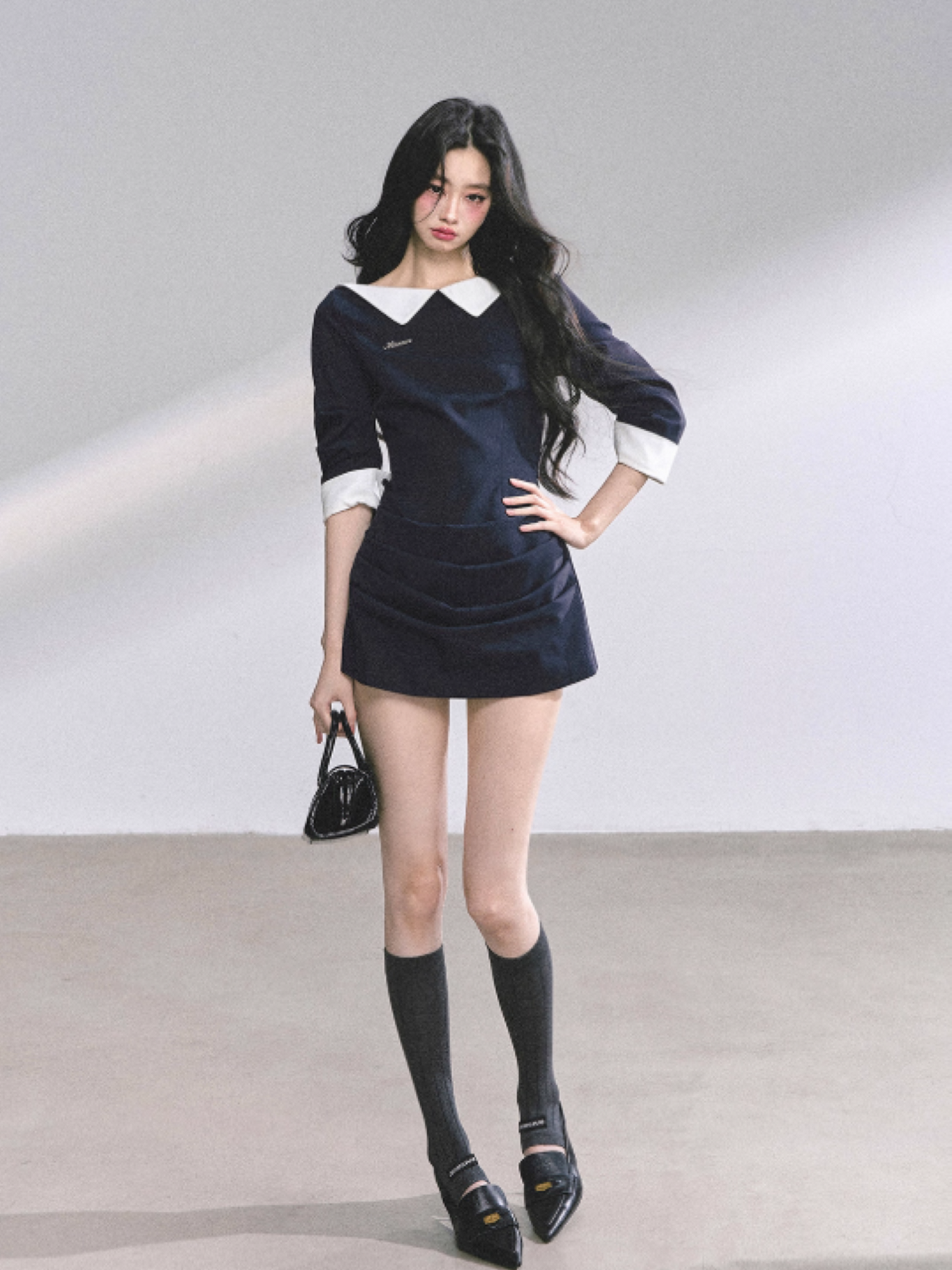 少也眼 Navy Blue High-End Hepburn Style Sexy Bodycon Mini Dress