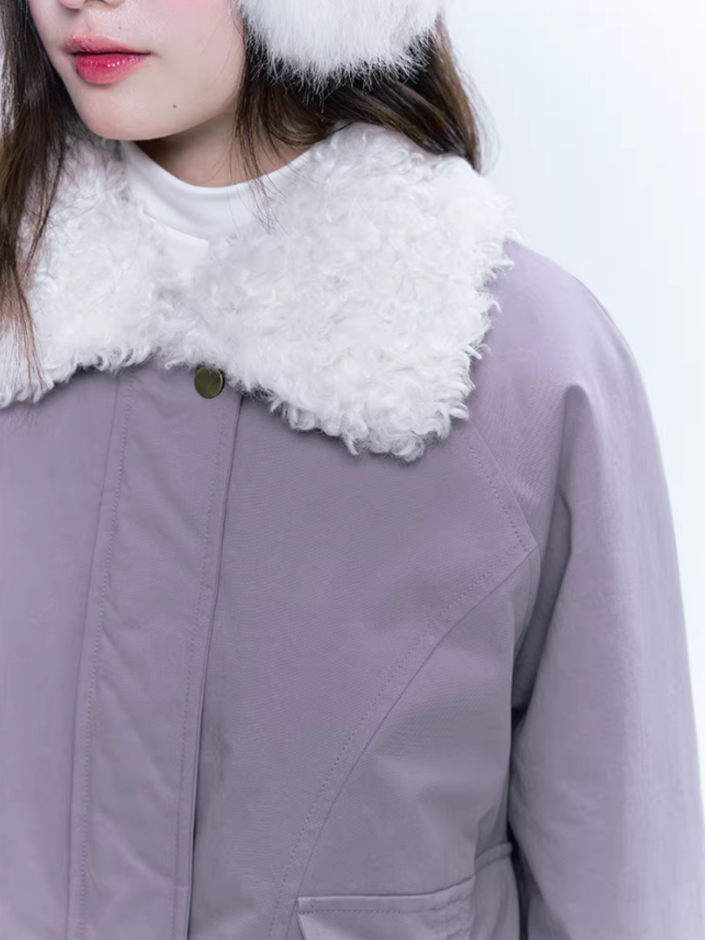 CREAMO2奶油氧气 - Taro Gray-Purple Detachable Shearling-Collar Retro Padded Jacket