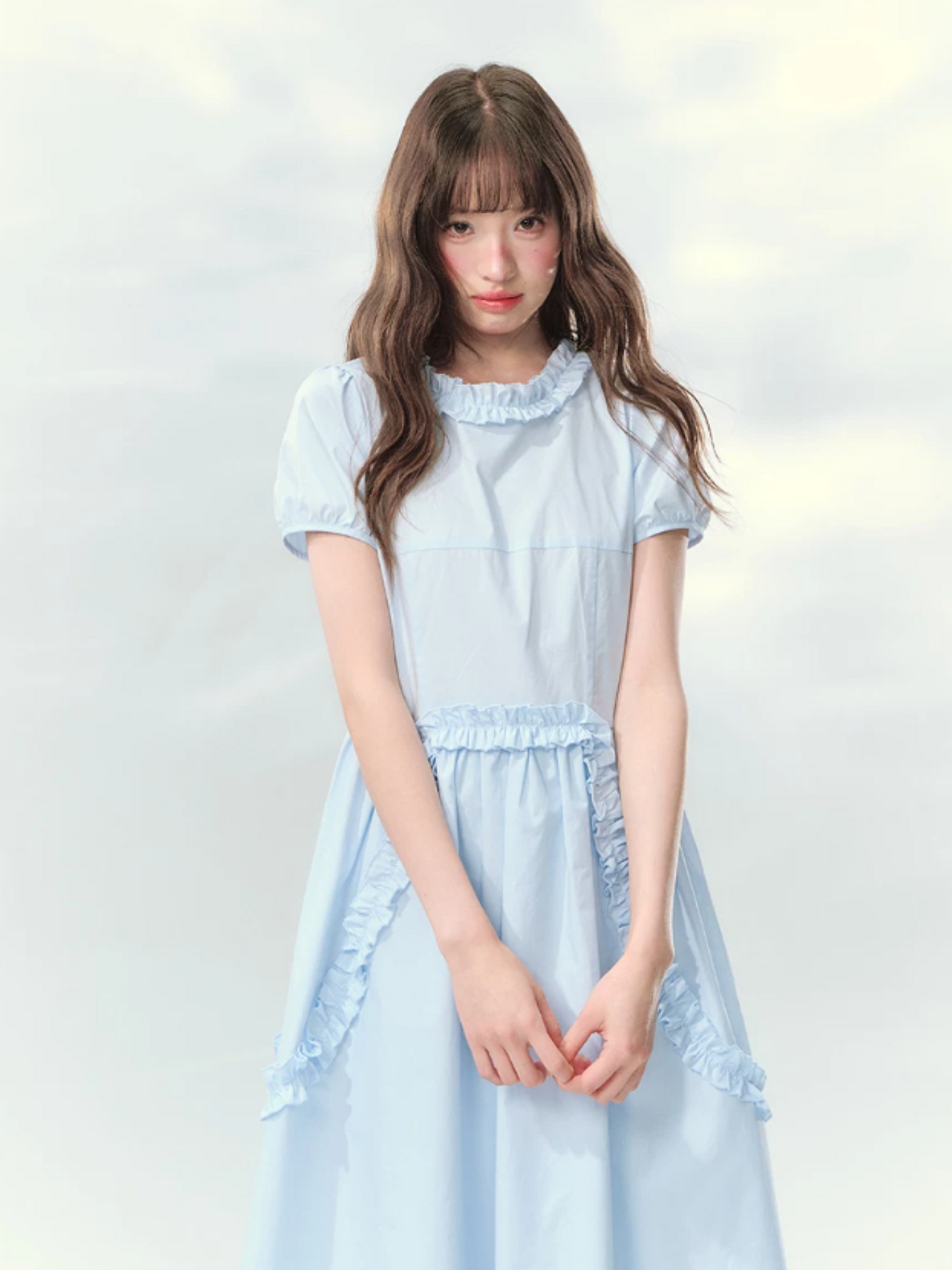 “Cloudside Blue” Mist Blue Puff Sleeve Midi Dress LL2026123