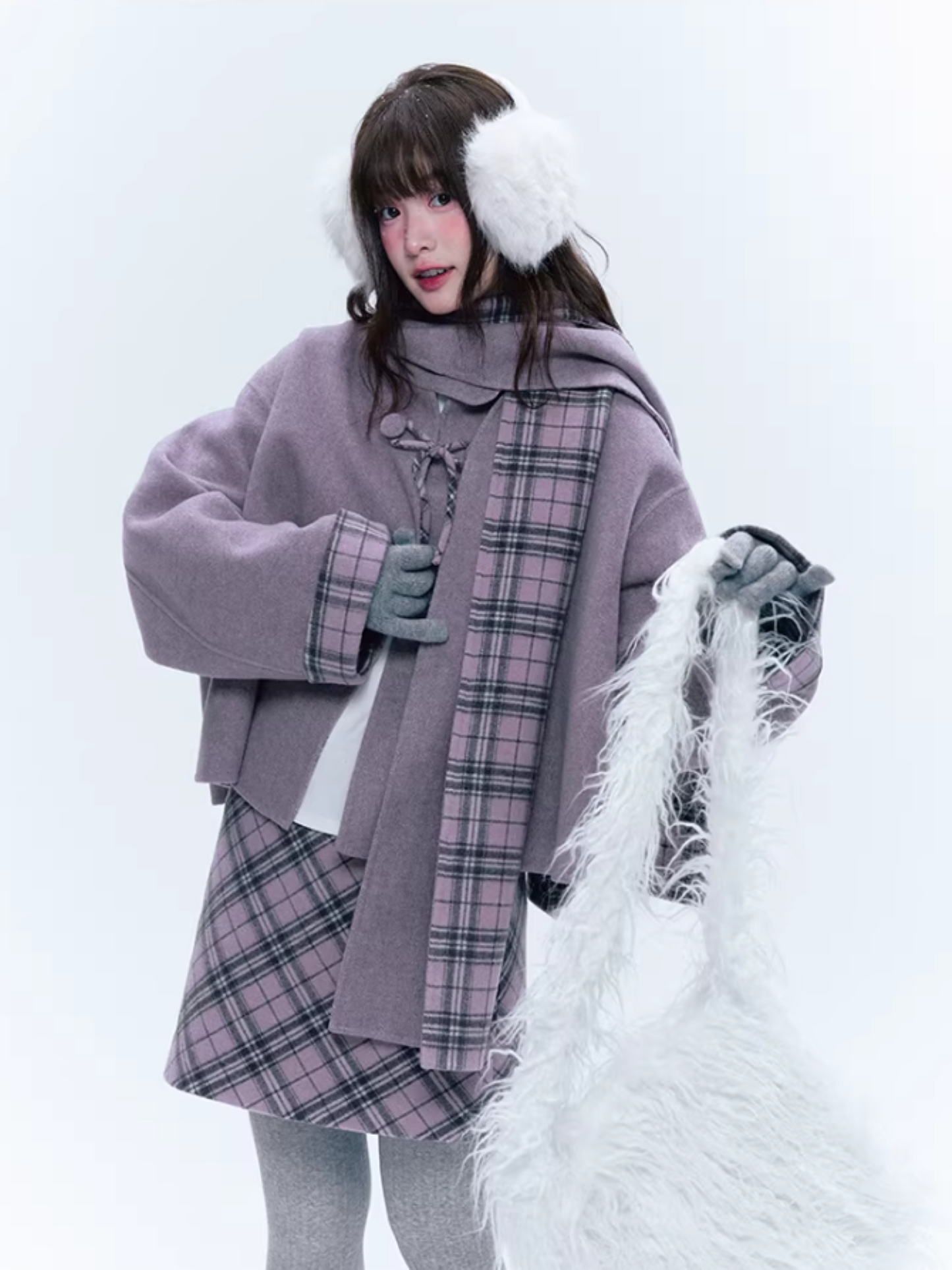 CREAMO2奶油氧气 - Soft Mauve Reversible Plaid Wool Cape Coat Set