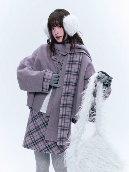 CREAMO2奶油氧气 - Soft Mauve Reversible Plaid Wool Cape Coat Set