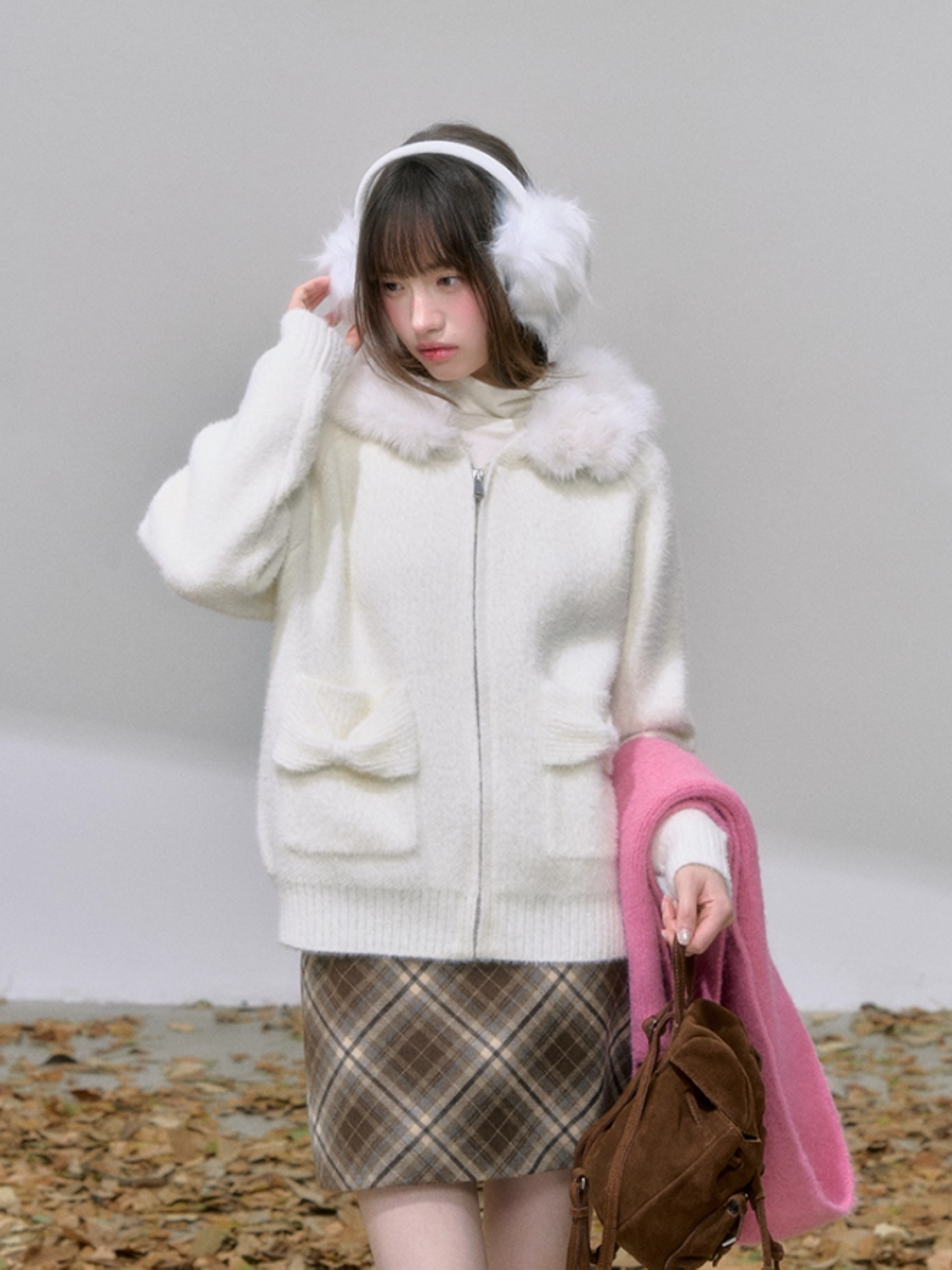 "糖霜玫境" Soft Girl Bow Pocket Hoodie Cardigan – Pastel Pink/ Milky White