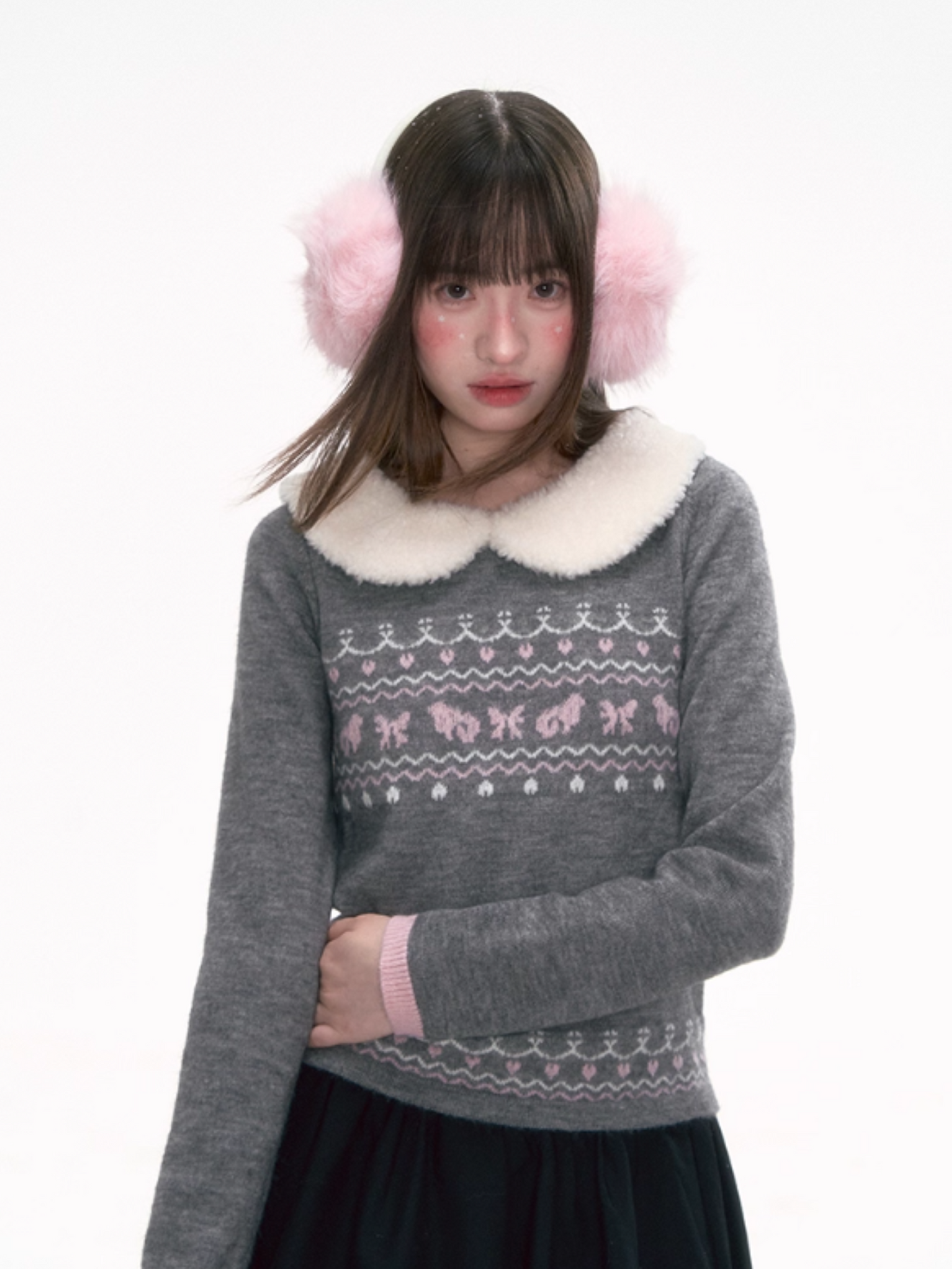 '雪绒甜心' Fair Isle Knit Top with Detachable Faux Fur Peter Pan Collar – Gray/ Navy