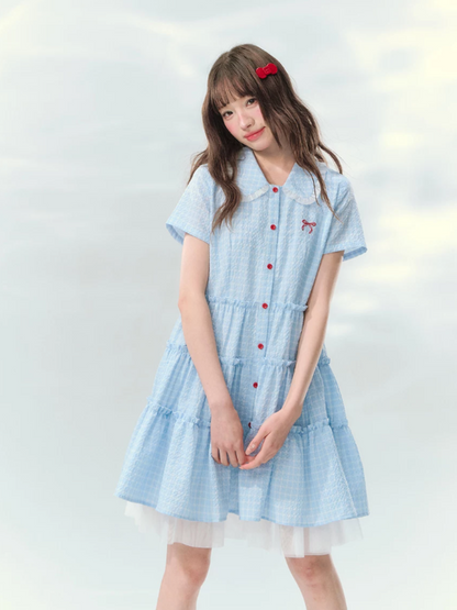 “Weaving Red Melody” Blue Plaid Tiered Ribbon Dress SJ2026125