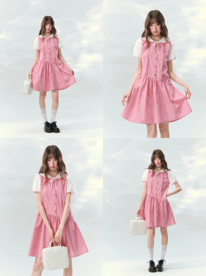 “Peach Plaid Academy” Pink Plaid Peter Pan Dress LL2026152