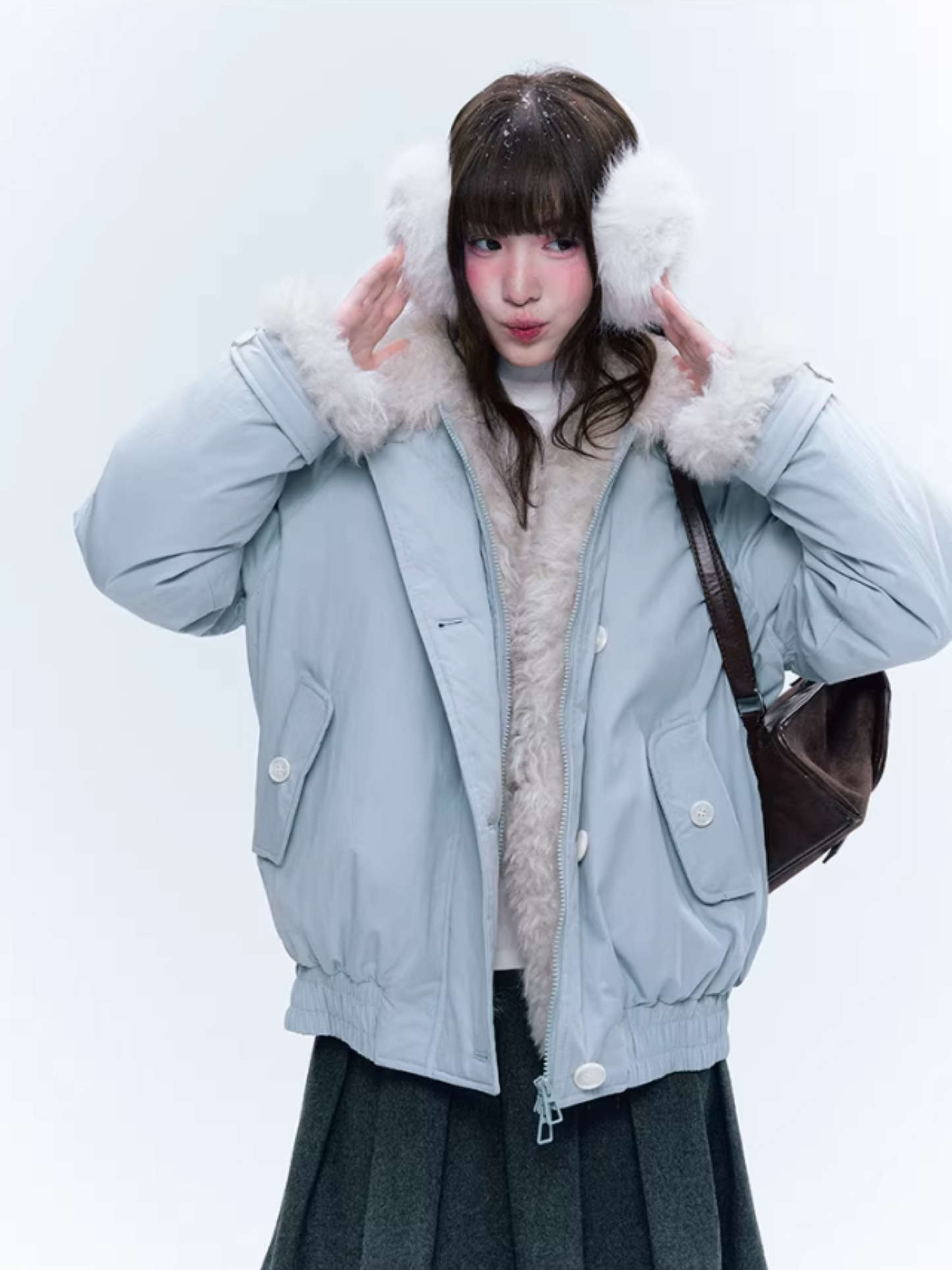 CREAMO2奶油氧气 - Mist Blue Contrast-Collar Short Down Jacket