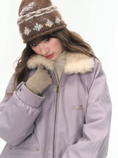"Misty Lilac" Contrast Fur Collar Utility Down Jacket LL2025457