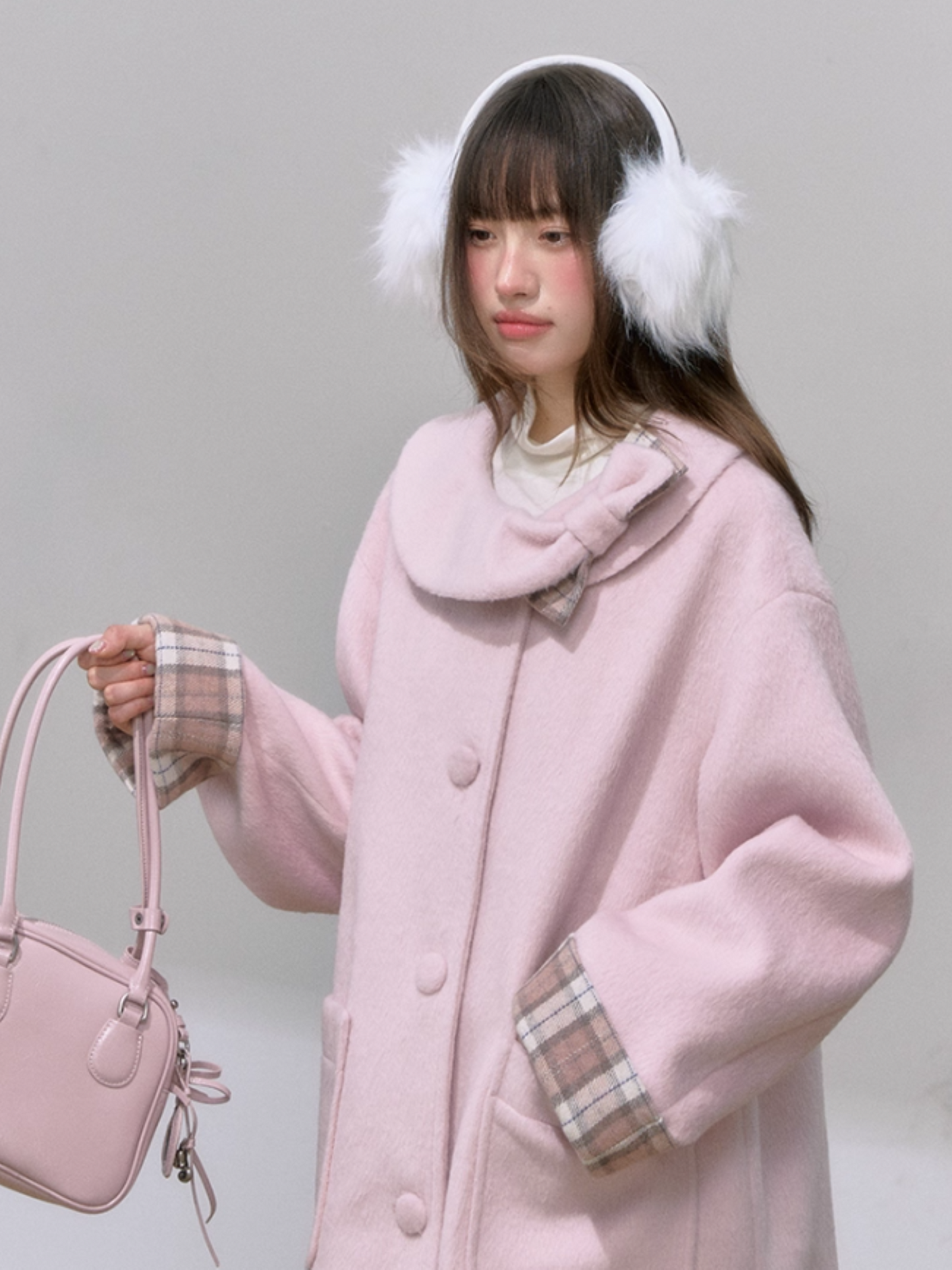 "樱格恋语" Sakura Pink A-Line Wool Coat with Oversized Bow