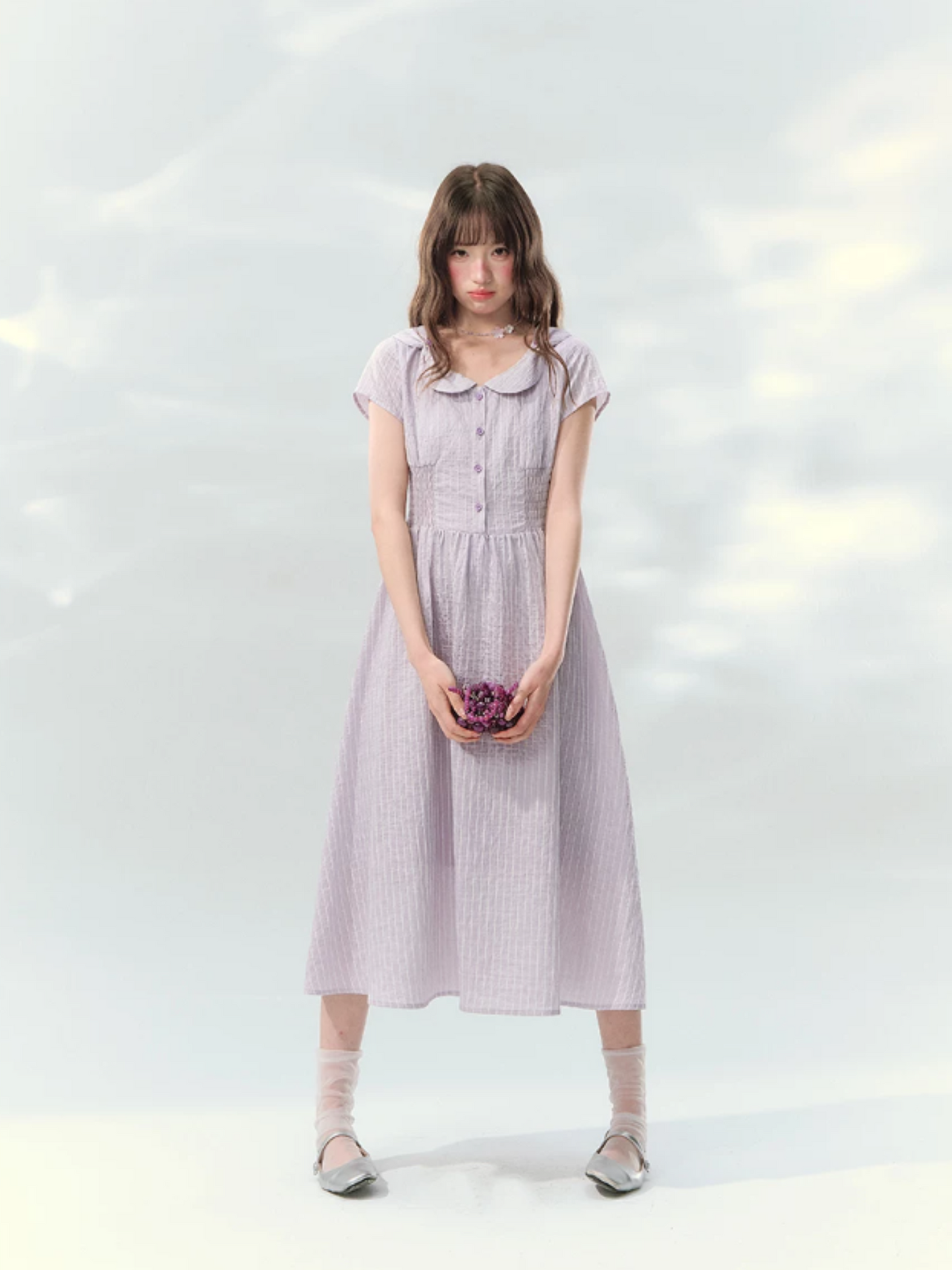 “Lavender Tea Mist” Lilac Stripe Puff Sleeve Dress LL2026137