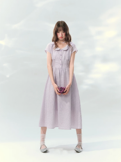 “Lavender Tea Mist” Lilac Stripe Puff Sleeve Dress LL2026137