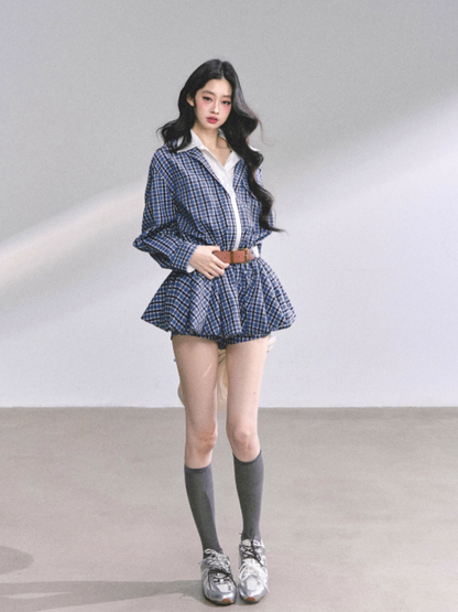 少也眼 Yale Preppy Puff Mini Dress Set with Shorts, Belt & Shawl (Navy)