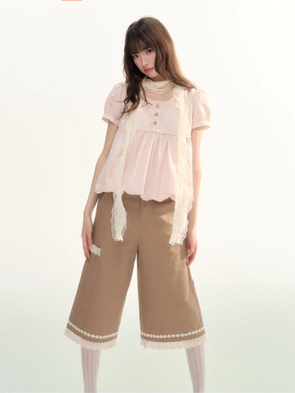 Caramel Lace Trim Cropped Straight-Leg Pants WW2026085