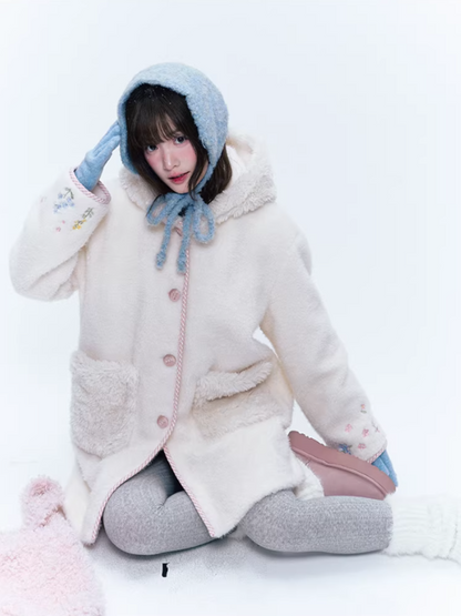 CREAMO2奶油氧气 - Soft Ivory Embroidered Teddy Wool-Style Midi Coat