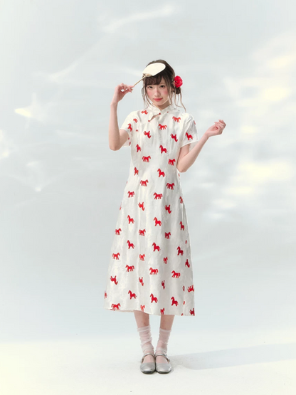“Crimson Steed Reverie” Red Embroidered Cheongsam Dress LL2026165