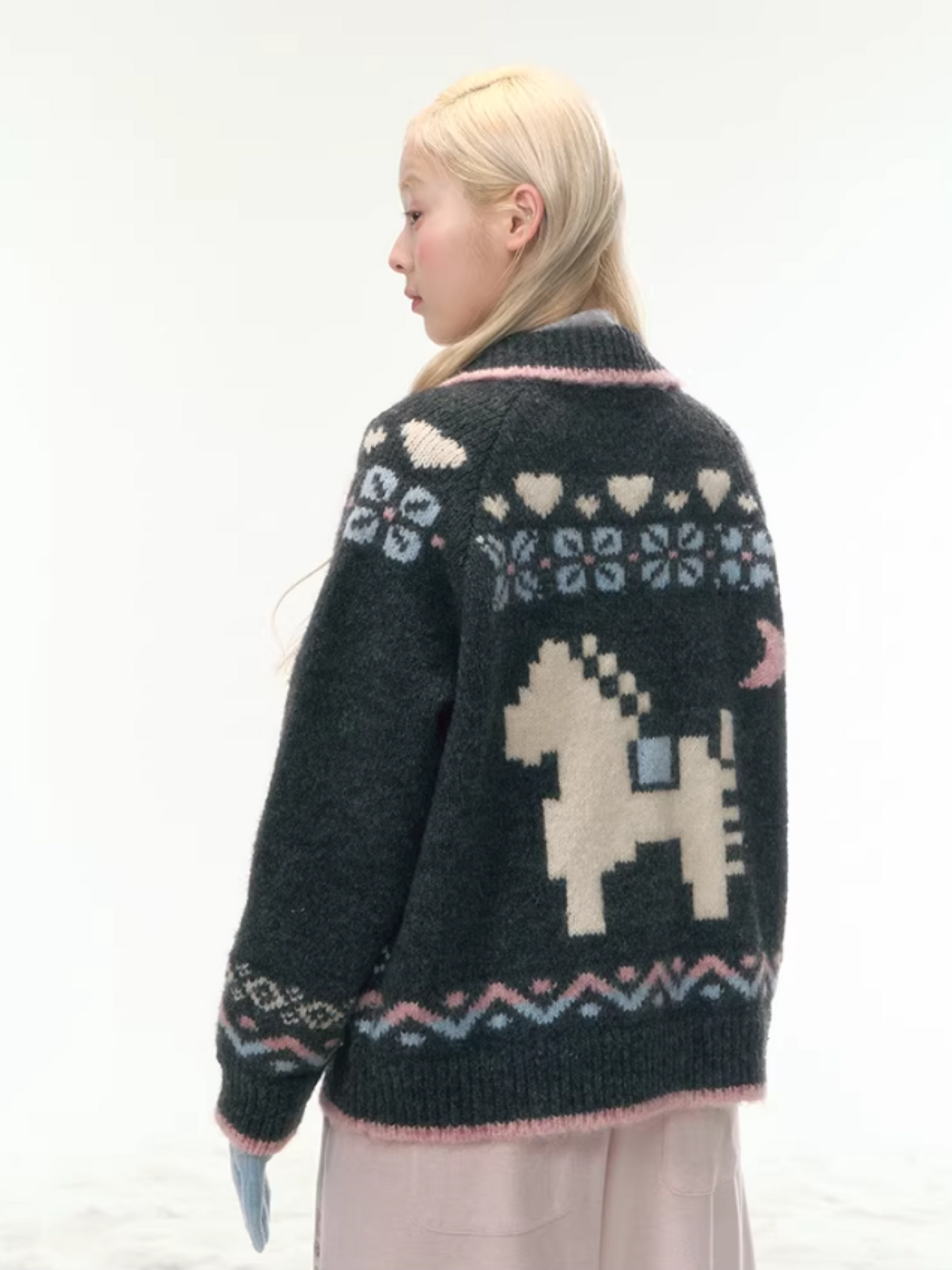 "Nordic Fairytale" Charcoal Pony Zip-Up Knit Cardigan WW2025449