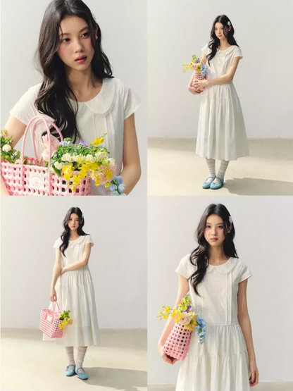 "Sakura Letter" Lace Doll Collar Waist-Fit Midi Dress WW2026004