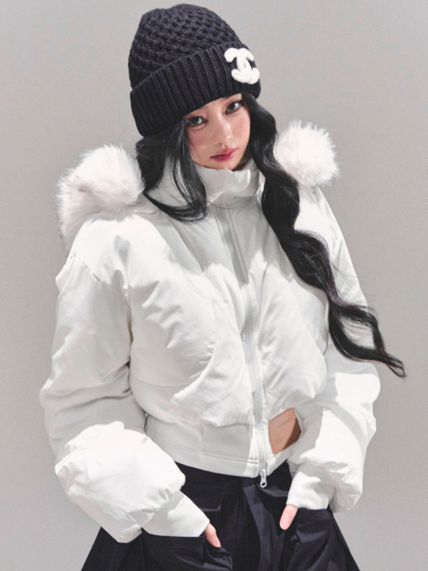 少也眼 Korean Preppy Short Puffer Jacket - White