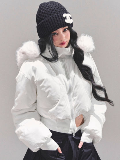 少也眼 Korean Preppy Short Puffer Jacket - White