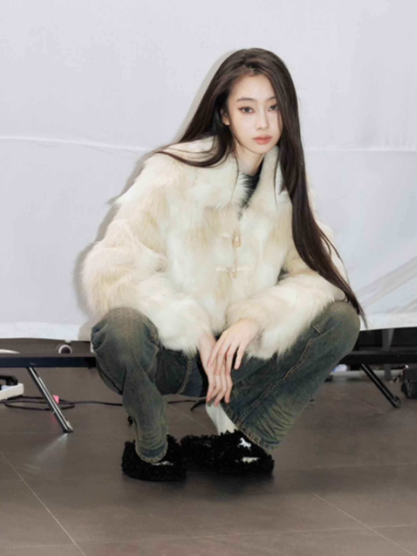 PCH - Cream White Faux Fur Coat with Toggle Buttons