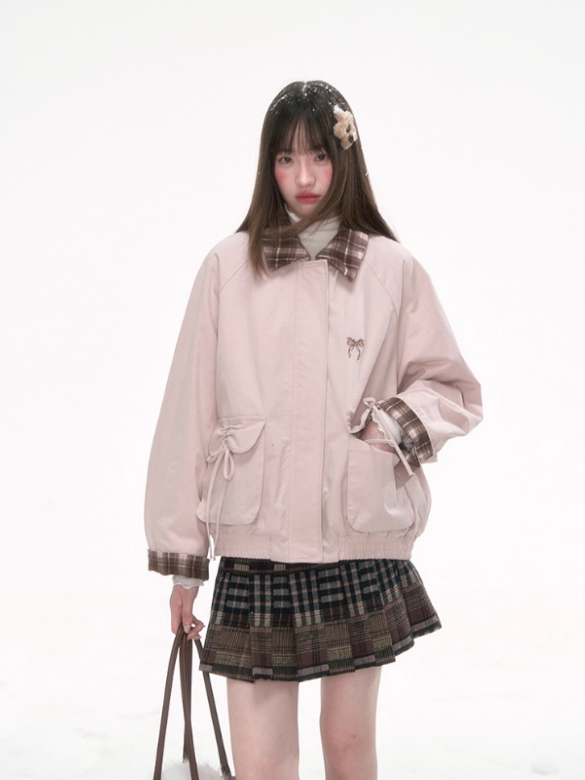 [CAN] Pink Contrast-Collar Padded Jacket with Plaid Detail