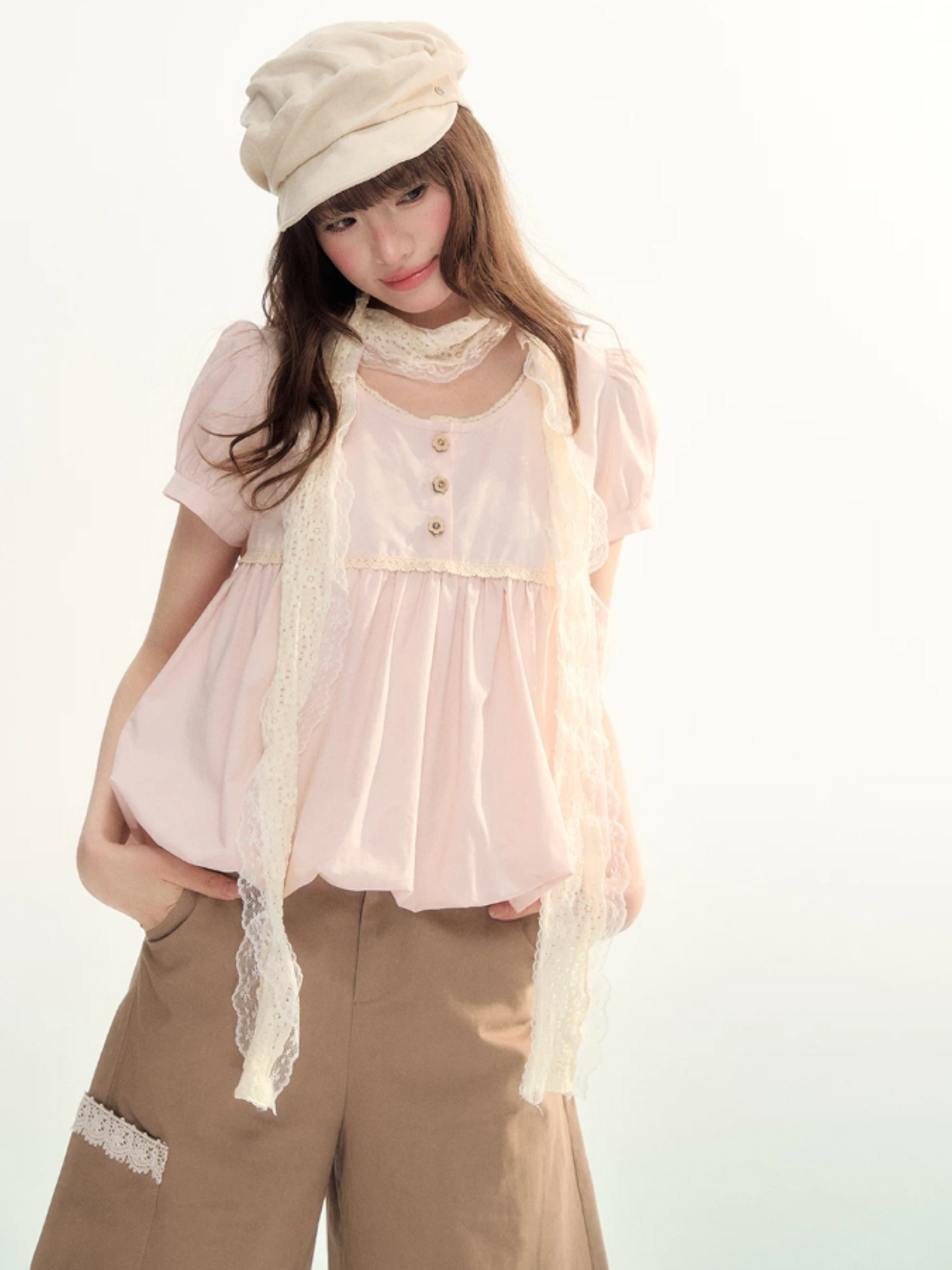 Soft Pink Lace Bubble Hem Blouse WW2026084