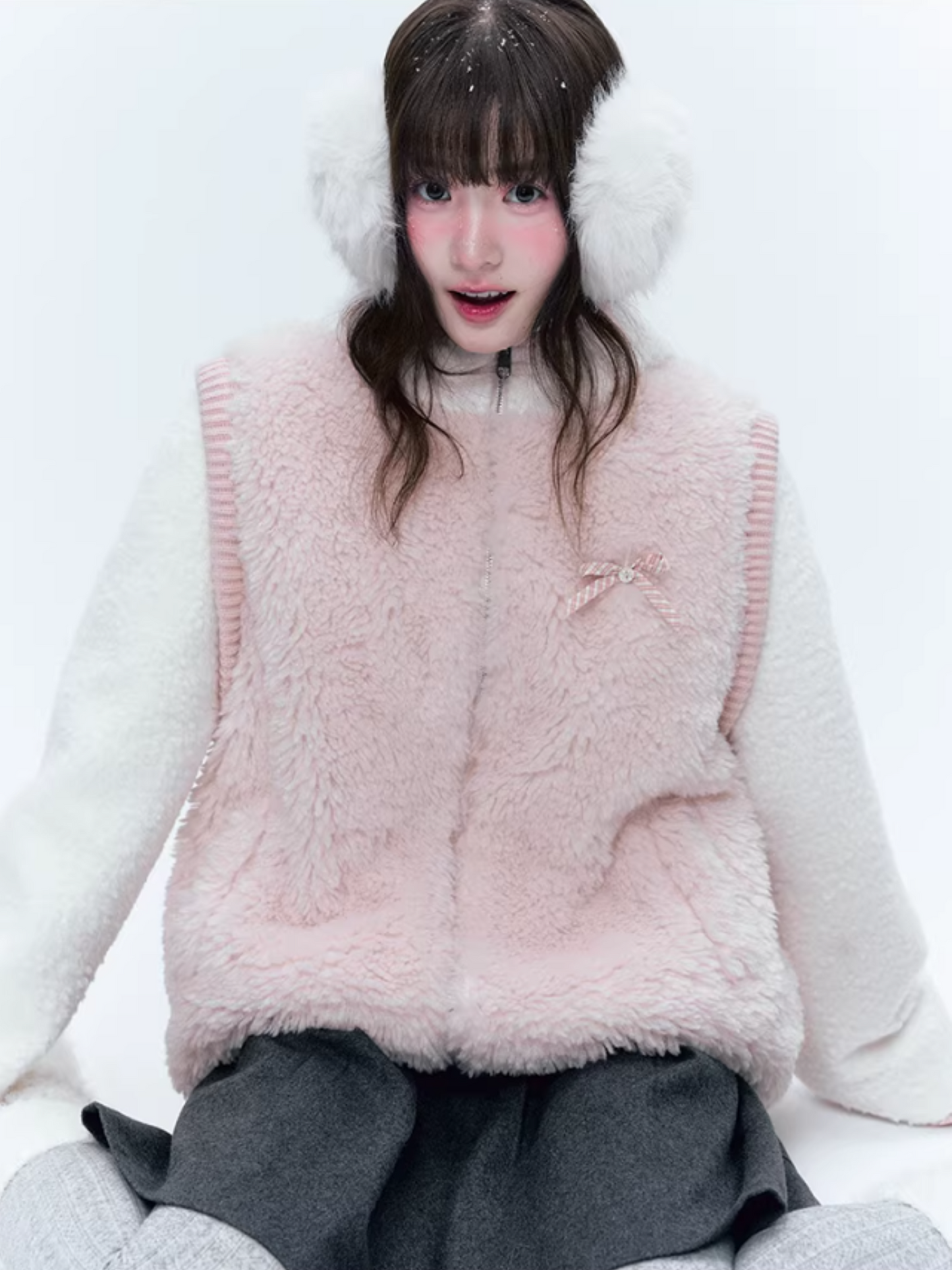 CREAMO2奶油氧气 - Pink & White Faux-Layered Teddy Padded Jacket