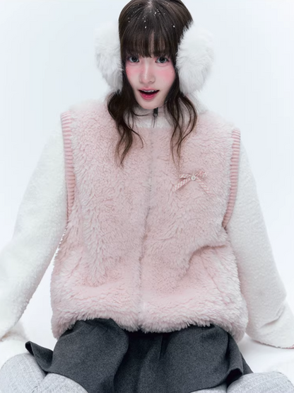 CREAMO2奶油氧气 - Pink & White Faux-Layered Teddy Padded Jacket