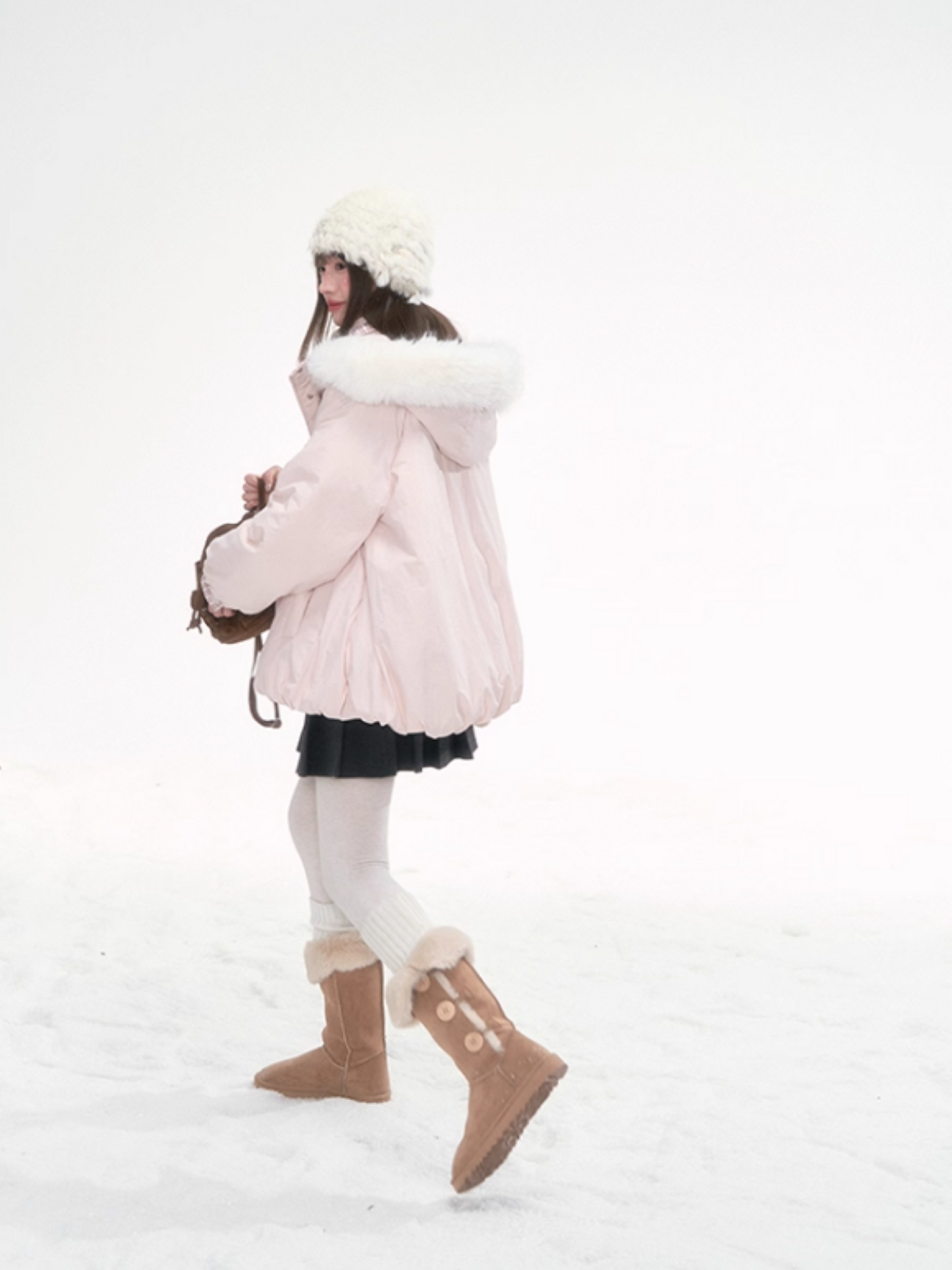 "Snow Mirage" Layered Bloom Down Parka – Pink Faux Two-Piece Hooded Coat with Fur Trim