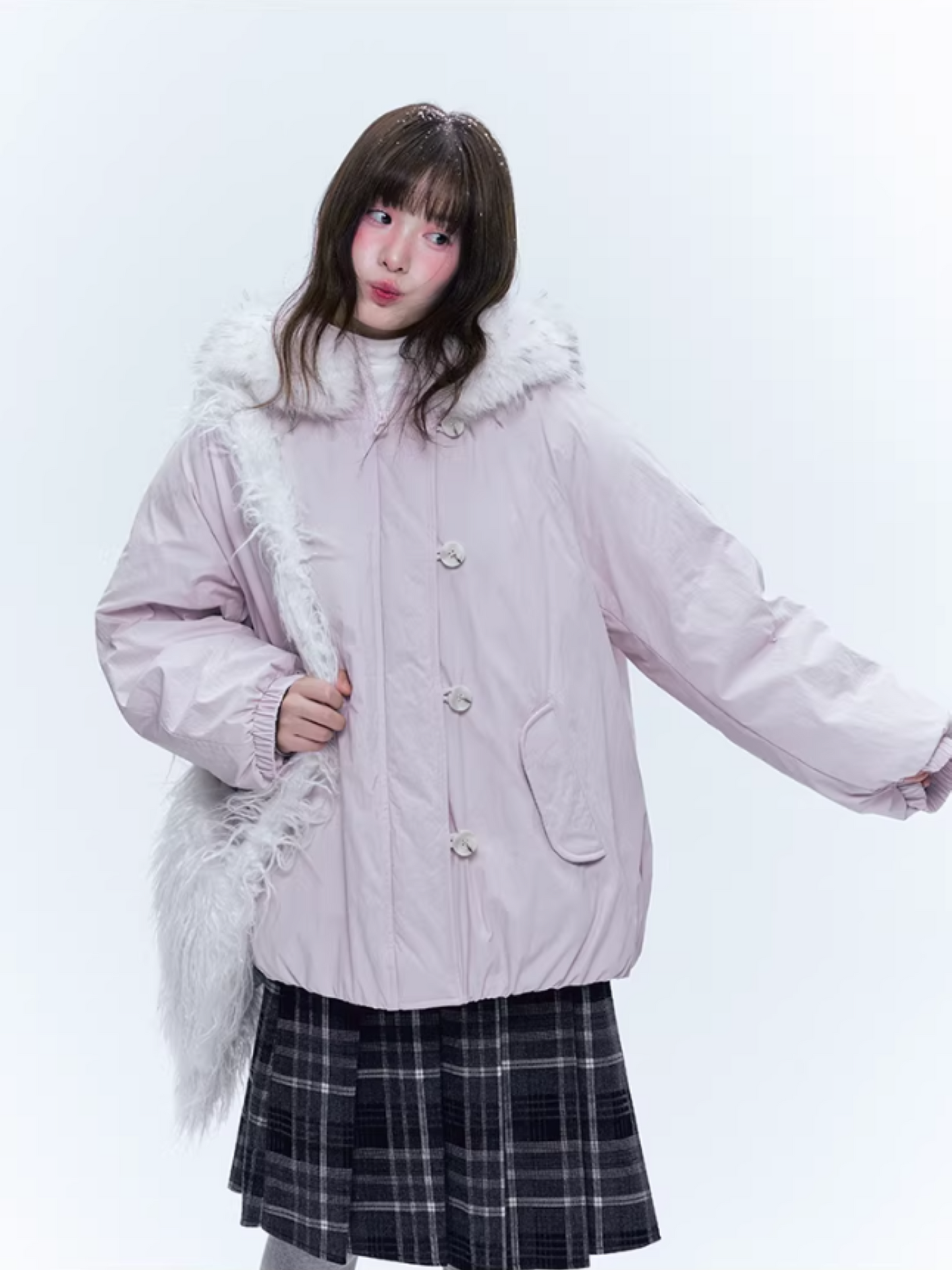CREAMO2奶油氧气 - Soft Pink-Purple Detachable Fur Hooded Down Jacket