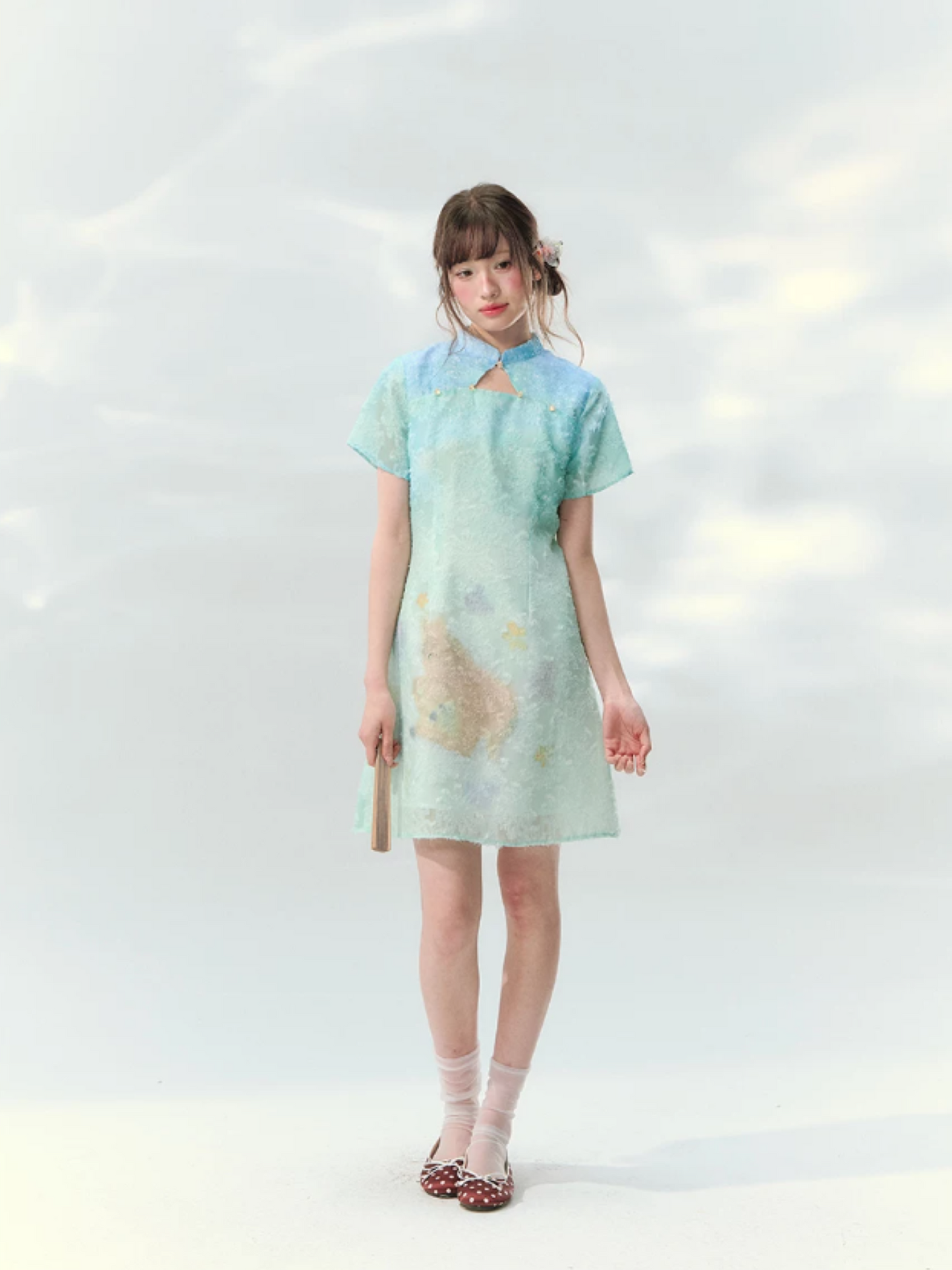 “Velvet Deer Whisper” Teal Deer Print Cheongsam Dress LL2026174