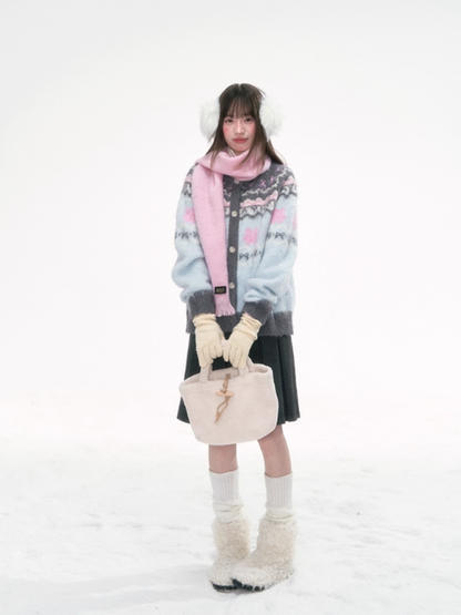 '甜梦蓝岛' Fair Isle Light Blue Knit Cardigan