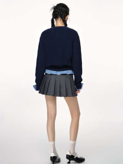 PCH - Tri-Color Layered Knit Cardigan with Contrast Panels (Navy Blue)