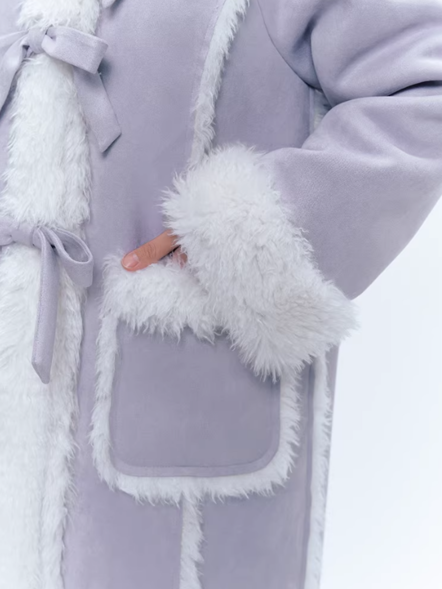 CREAMO2奶油氧气 - Taro Gray-Purple Bow-Tie Faux Suede & Teddy Midi Coat