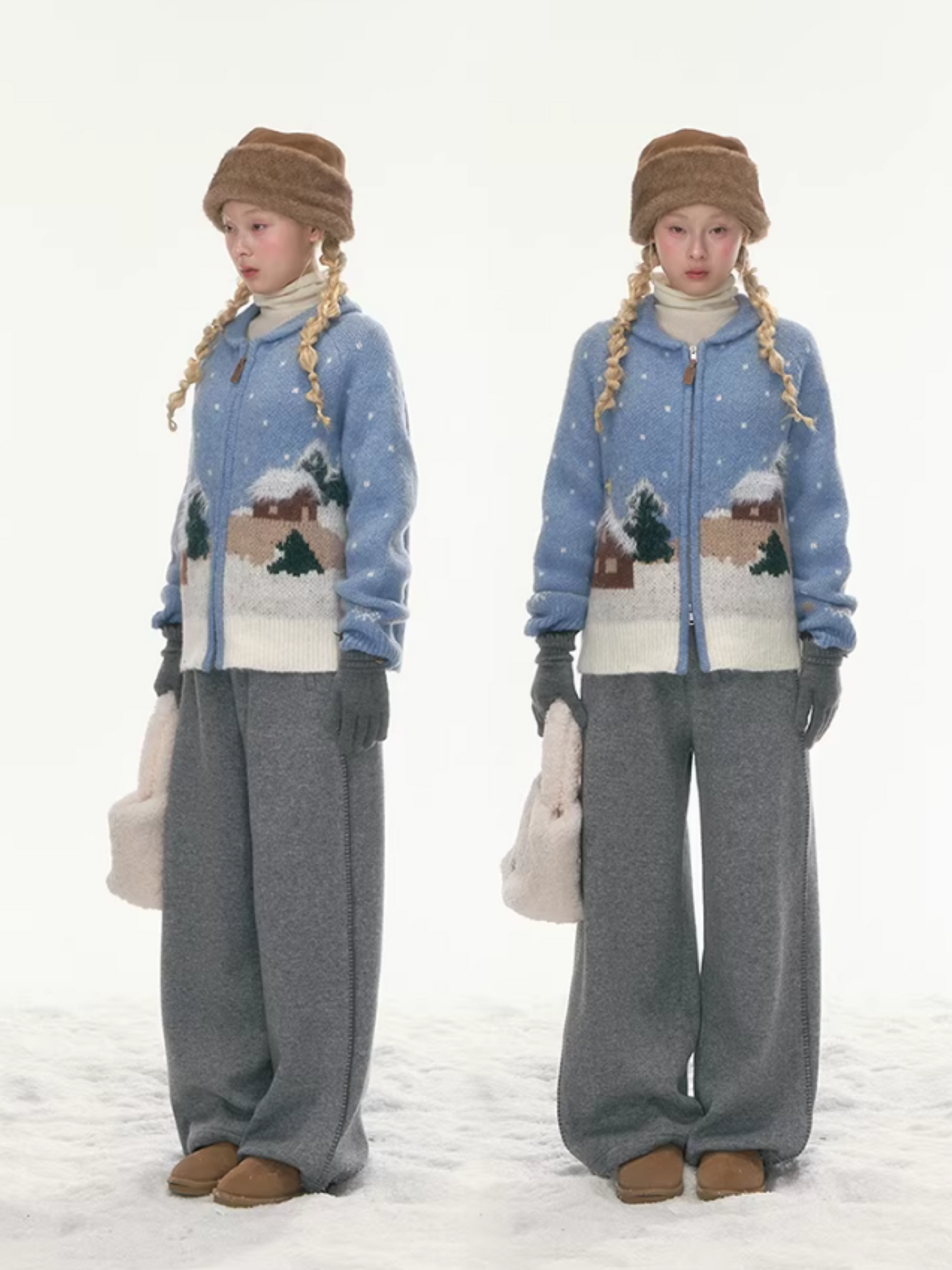 "Hand-Stitched Snow Fairytale" Blue Zip-Up Knit Cardigan LL2025448