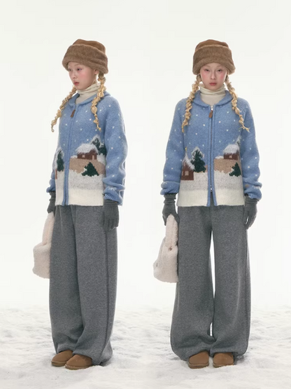 "Hand-Stitched Snow Fairytale" Blue Zip-Up Knit Cardigan LL2025448