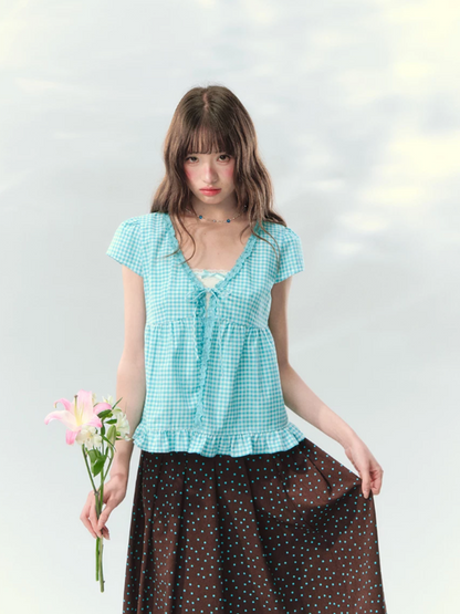 “Sea Salt Letters” Plaid Lace Layered Skirt Set  LL2026168