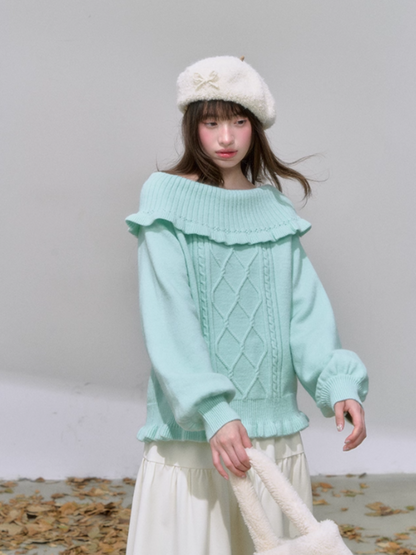 "薄荷云诗" Mint Green Korean Off-Shoulder Cable Knit Sweater