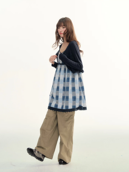 Blue Plaid Lace Trim Dress & Navy Cardigan Set  LL2026078