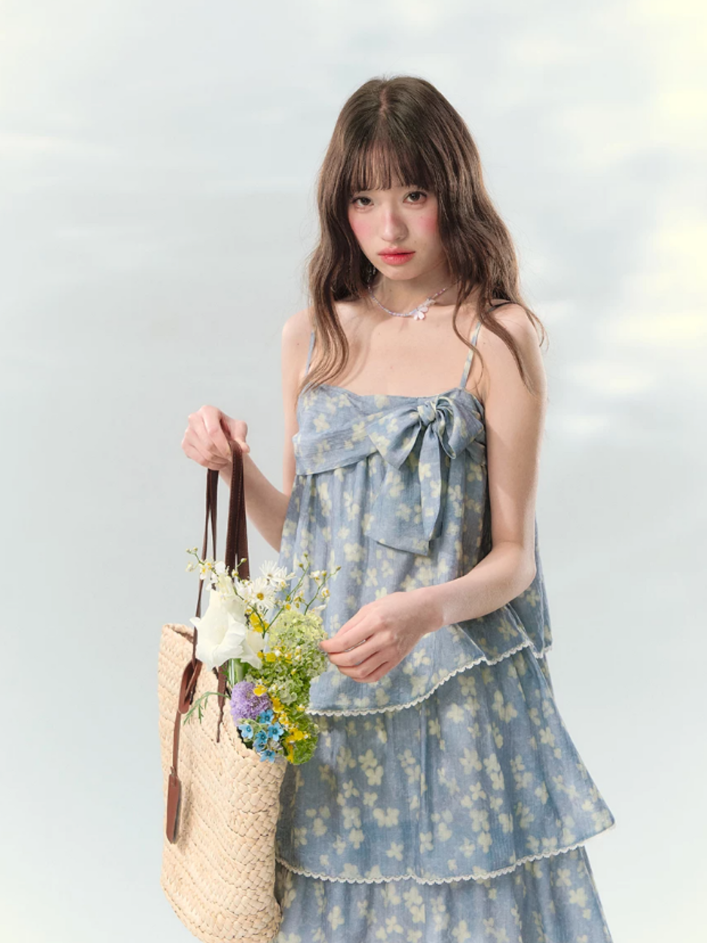 “Blue Mist Petals” Dusty Blue Floral Tiered Mini Dress LL2026120
