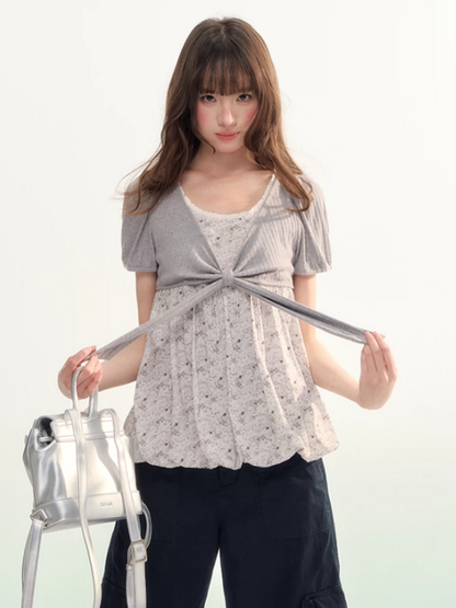 Floral Bow Puff Sleeve Bubble Top LL2026073