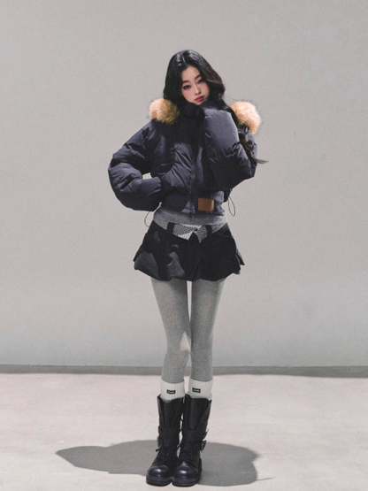 少也眼 Korean Preppy Short Puffer Jacket - Navy Blue