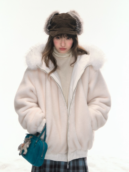 "Dreamscape" White Reversible Faux-Fur Aviator Jacket LL2025474