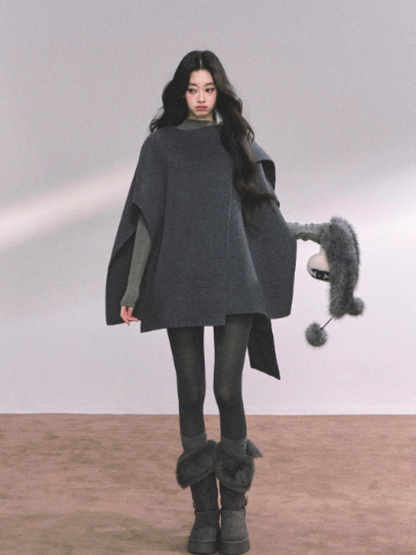 少也眼 French-Inspired Double-Faced Wool Cape Coat – Gray